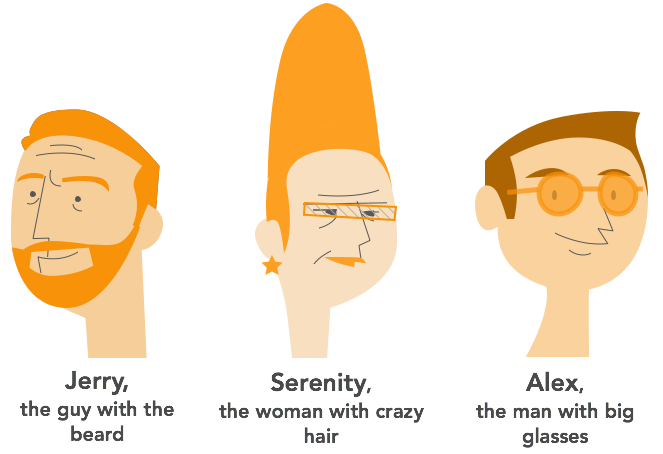 1. Jerry, the guy with the beard 2. Serenity, the woman with crazy hair 3. Alex, the man who wears glasses